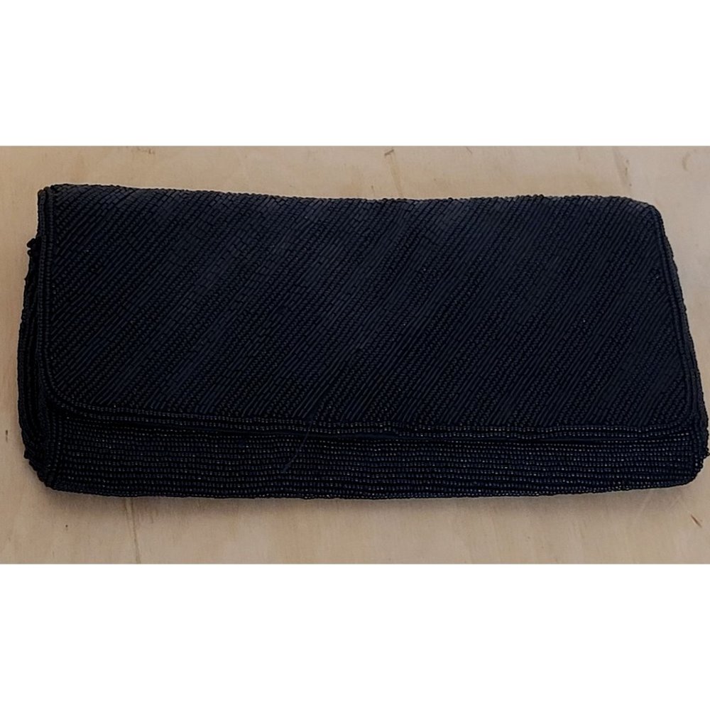 Vintage Beaded Clutch Handbag Black Made in Japan Magid Snap Closure 8.5 x 5 In